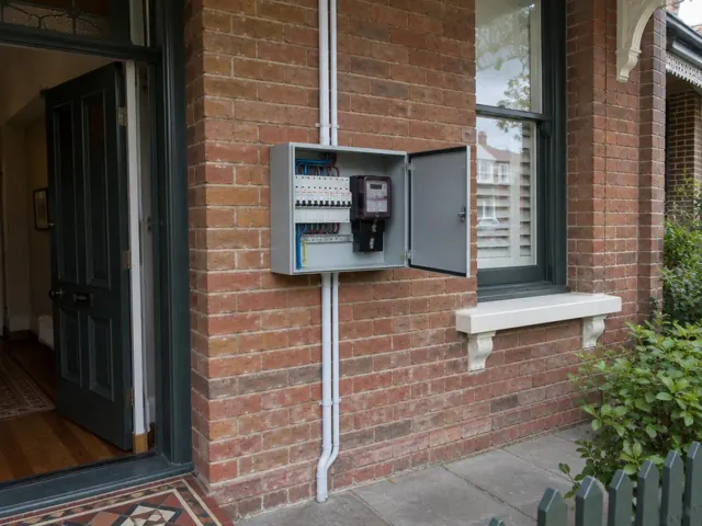 Open switchboard on a brick exterior wall beside a doorway and window in Petersham