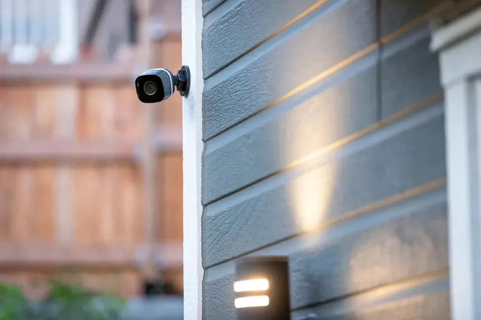Security camera installed under a house eave